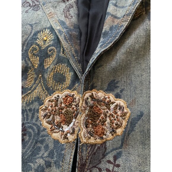 Chicos Embellished Denim Jacket Size 2 Floral Print Beaded Boho Festival - Picture 2 of 7